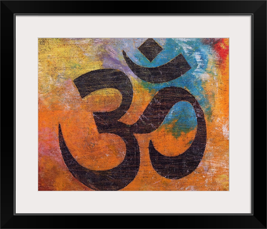 A contemporary painting of an Om against a colorful background.