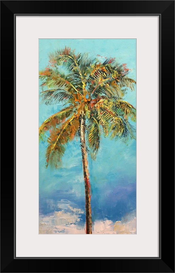 A contemporary painting of a palm tree against a blue background.