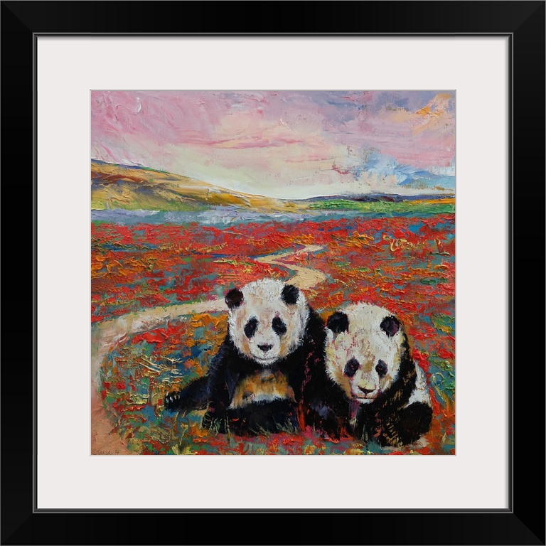 A contemporary painting of two panda bears in a magical land.