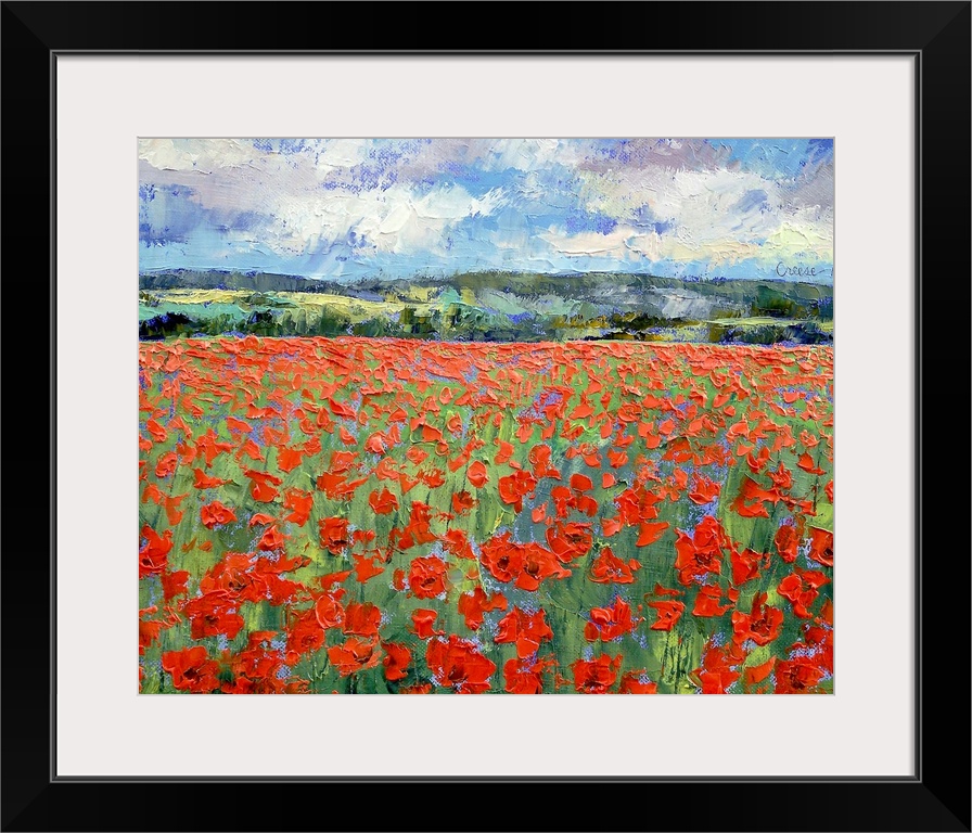A contemporary plein air landscape painting of a meadow of poppies on a sunny day.