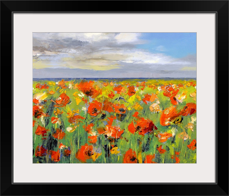 This decorative wall art is a horizontal painting with an endless landscape of wildflowers and clouds gliding over the hor...