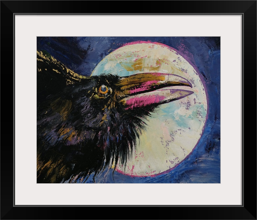 A contemporary painting of a black crow against a background of a full moon.