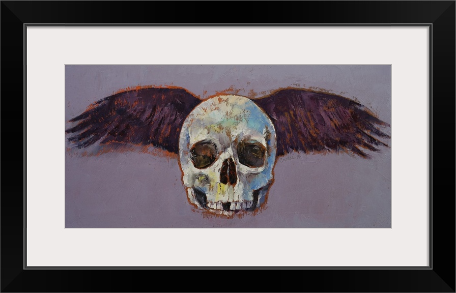 A contemporary painting of human skull with black wings spread out behind it.