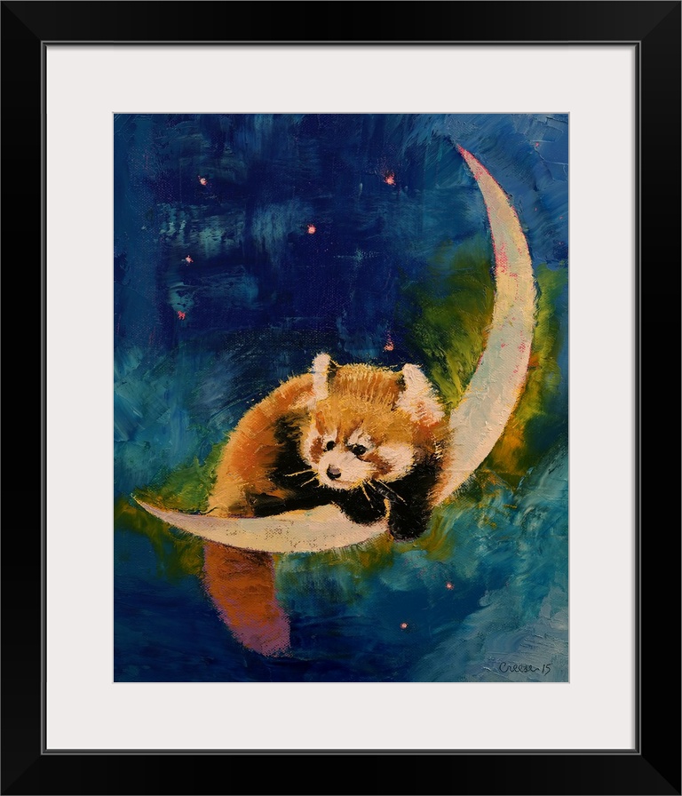 A contemporary painting of red panda sitting on a crescent moon.