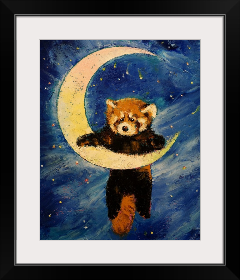 A contemporary painting of red panda dangling from a crescent moon.