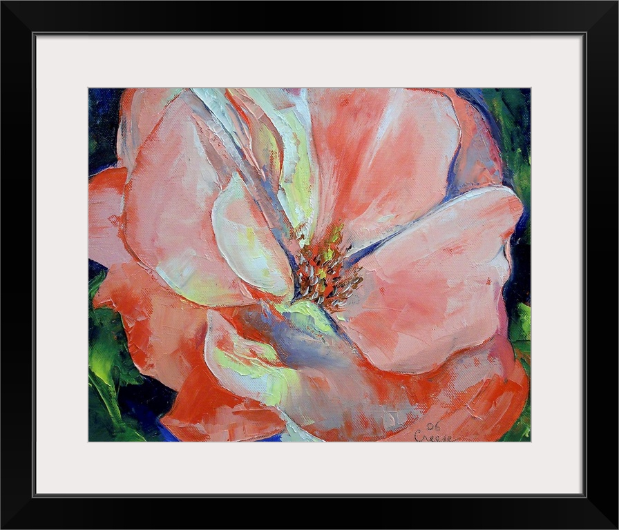 Horizontal, floral painting on a large wall hanging of one giant rose, it's leaves on the outer edges.  Painted with heavy...