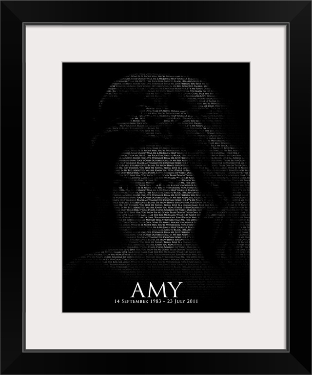 Amy Winehouse Text Art. Portrait of Amy Winehouse constructed from just the titles of her songs.