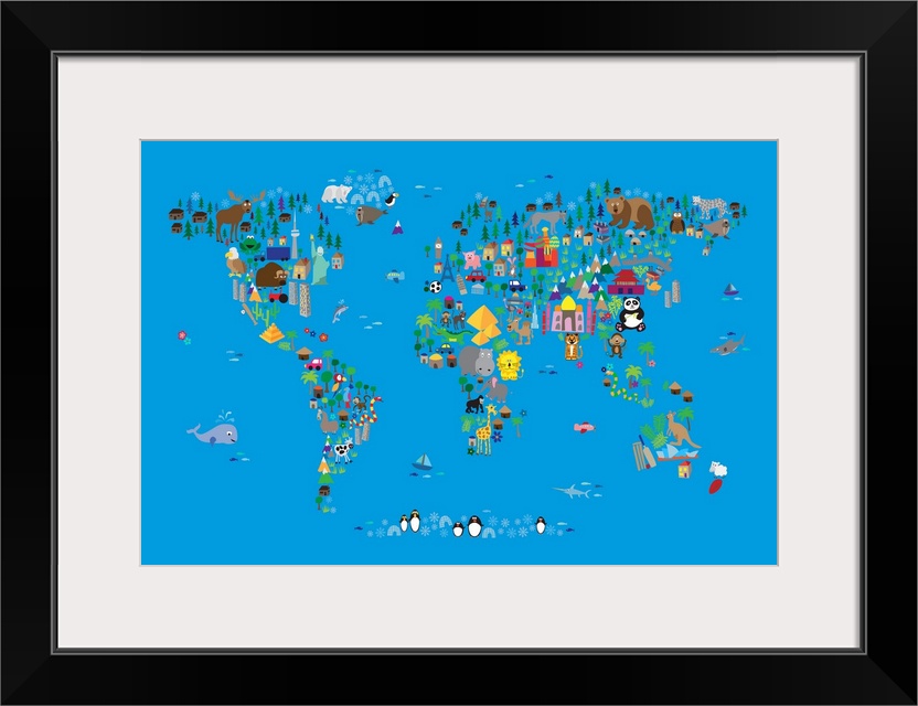Animal Map of the World for children, Blue