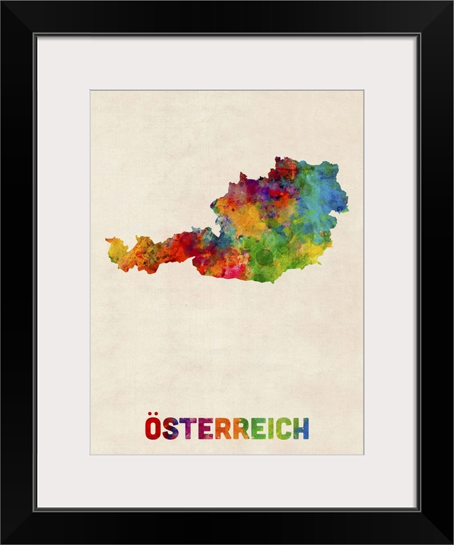 Colorful watercolor art map of Austria against a distressed background.