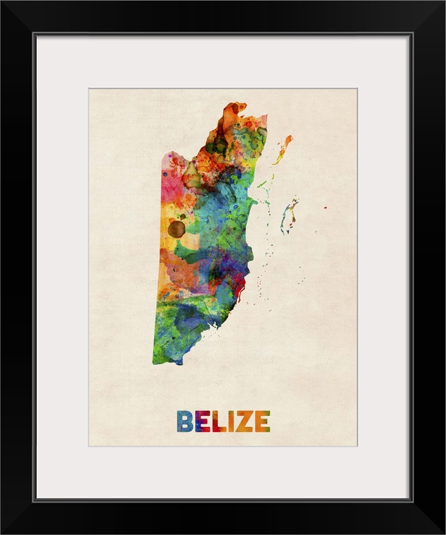 Watercolor art map of the country Belize against a weathered beige background.