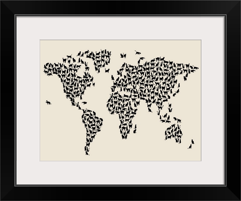 Contemporary artwork of a world map made of cats.