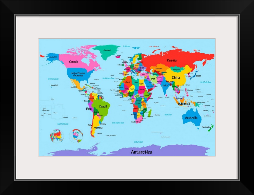 Big illustration focuses on a map of the world.  To separate the clearly labeled countries, the artist assigns a different...