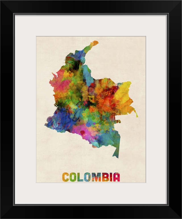 Contemporary piece of artwork of a map of Colombia made up of watercolor splashes.