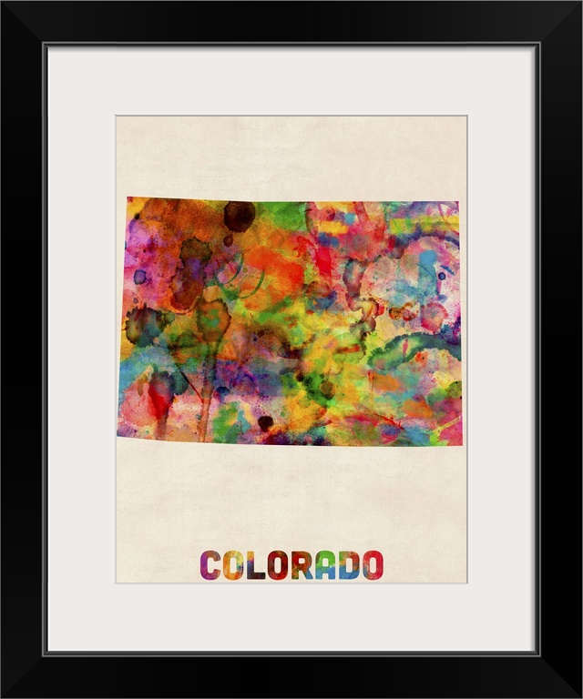 Contemporary piece of artwork of a map of Colorado made up of watercolor splashes.