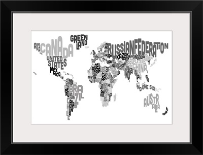 Country Names World Map, Black and White