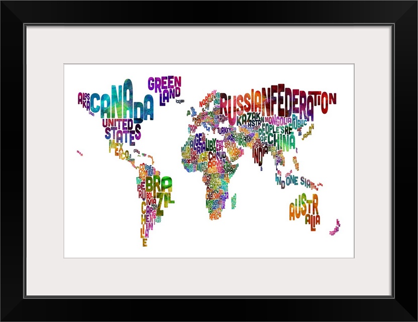 Typography art work of a world map with countries created with their names filling the shape of their outlines.