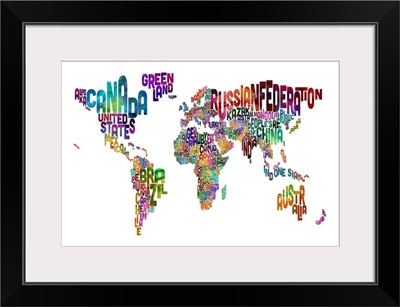 Country Names World Map, Multicolor on White