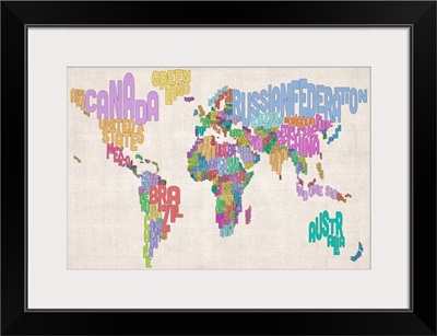Country Names World Map, Pastel Colors on Parchment