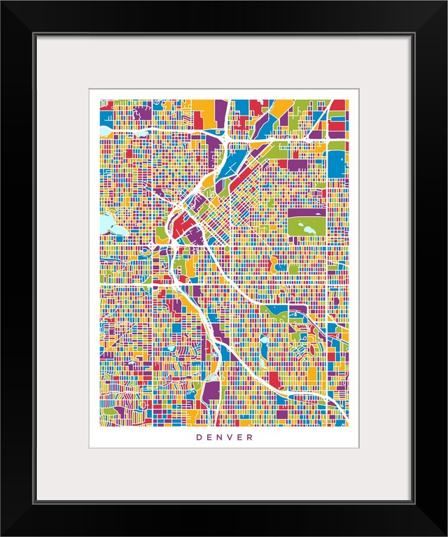 Contemporary colorful artwork of a city street map of Denver.