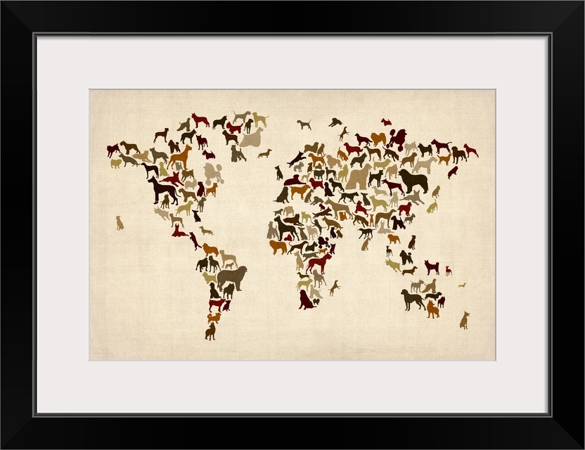 Contemporary artwork of a world map made of dogs.