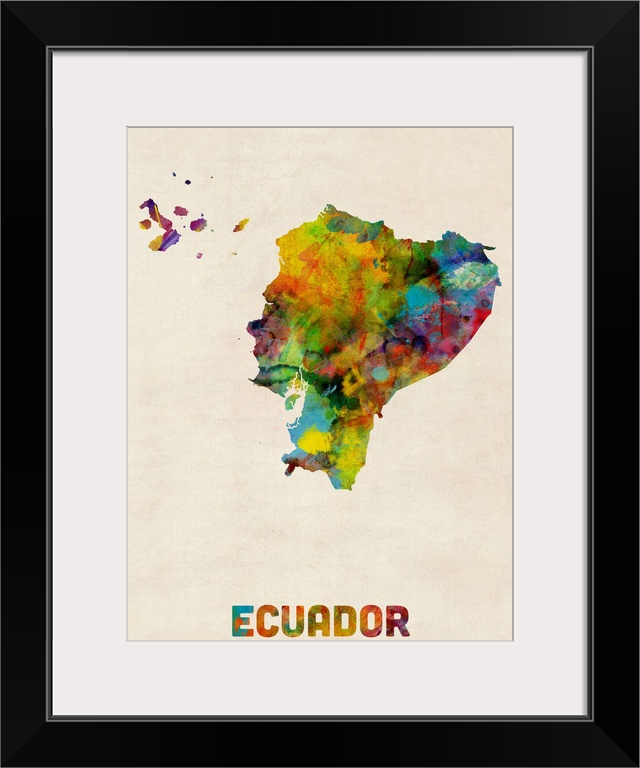Watercolor art map of the country Ecuador against a weathered beige background.