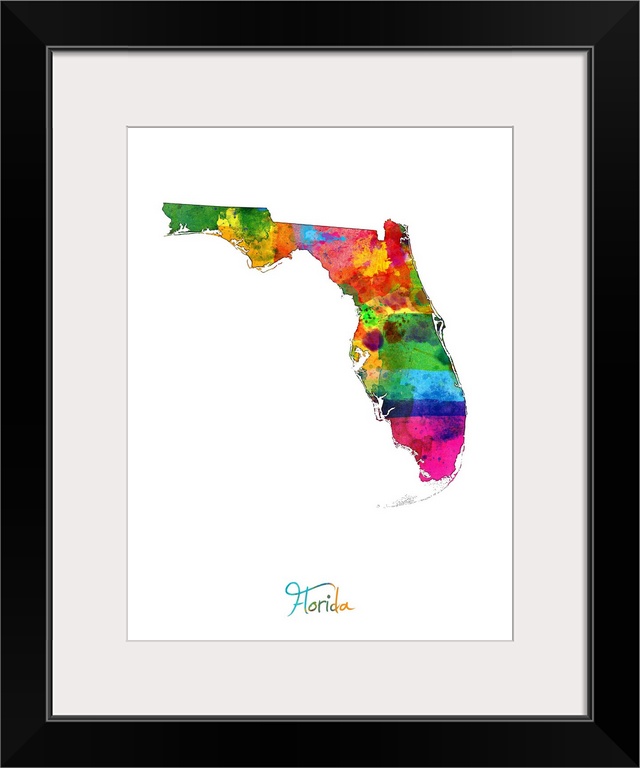 Contemporary artwork of a map of Florida made of colorful paint splashes.