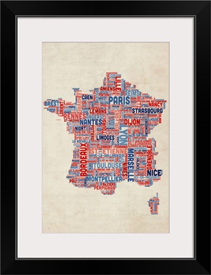 French Cities Text Map, French Colors on Parchment
