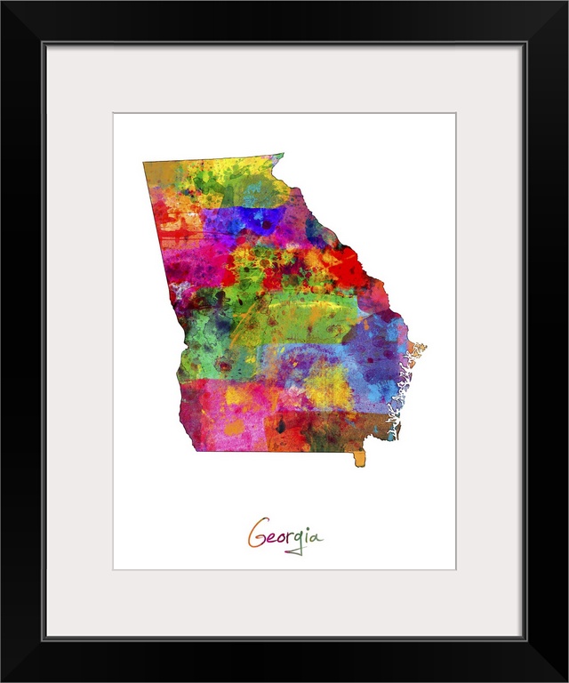 Contemporary artwork of a map of Georgia made of colorful paint splashes.