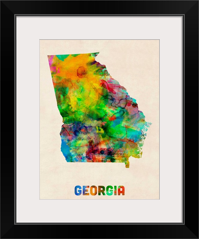 Contemporary piece of artwork of a map of Georgia made up of watercolor splashes.
