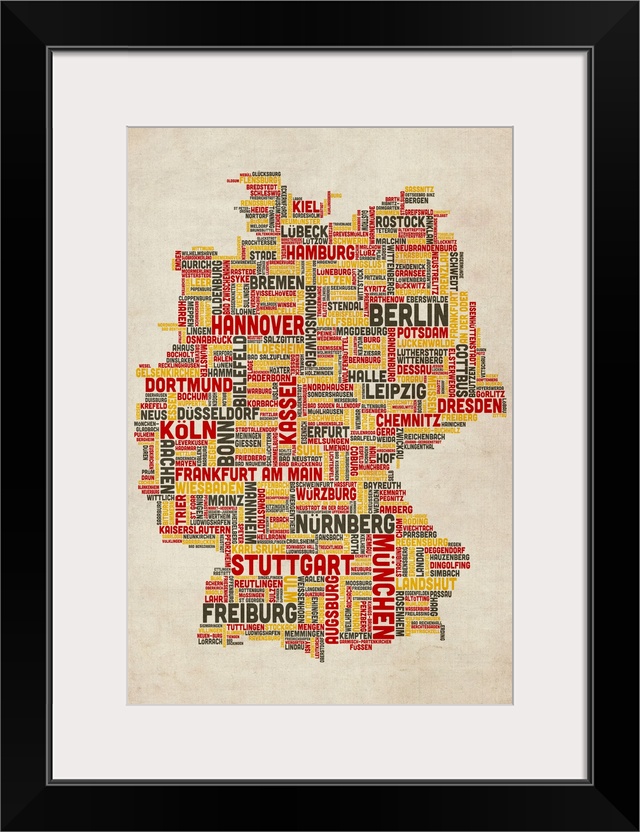 German Cities Text Map, German Colors on Parchment