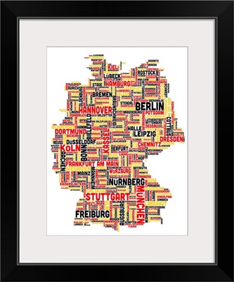 German Cities Text Map, German Colors on White