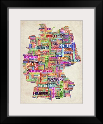 German Cities Text Map, Multicolor on Parchment