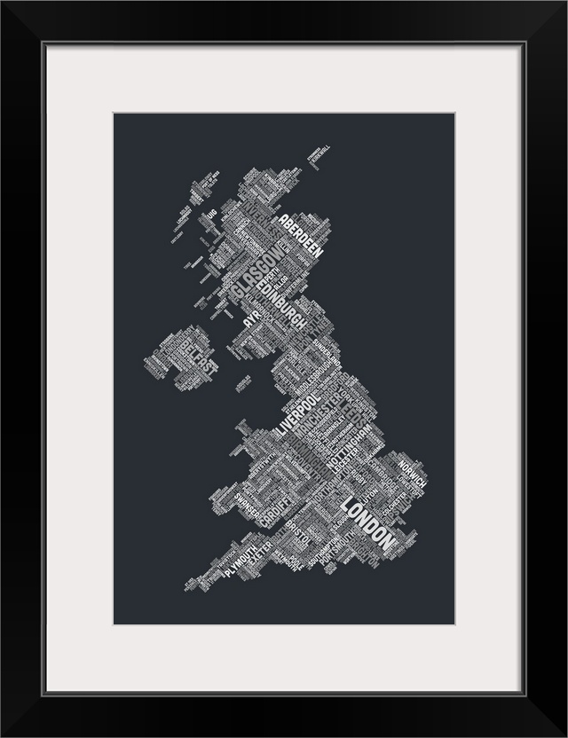 Great Britain UK City Text Map, Diagonal Text, Grayscale