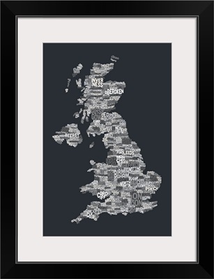 Great Britain UK City Text Map, Grayscale