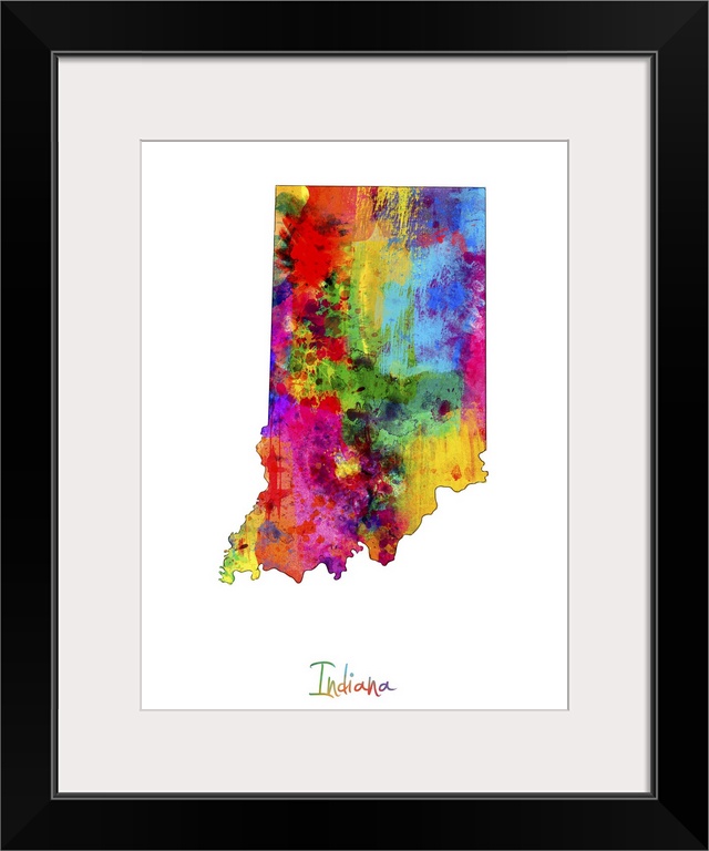 Contemporary artwork of a map of Indiana made of colorful paint splashes.
