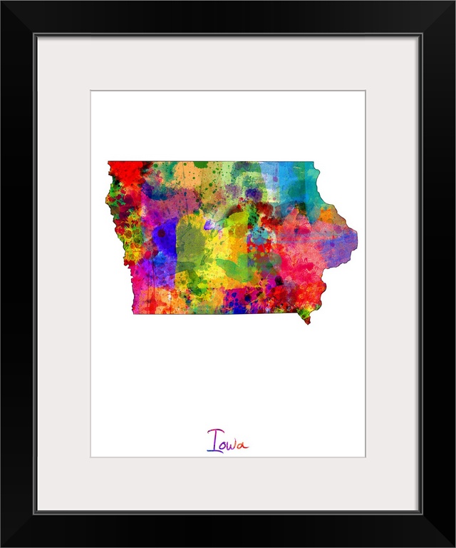 Contemporary artwork of a map of Iowa made of colorful paint splashes.