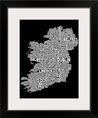 Irish Cities Text Map, Black and White