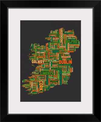 Irish Cities Text Map, Irish Colors on Grey