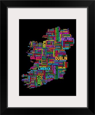 Irish Cities Text Map, Multicolor on Black