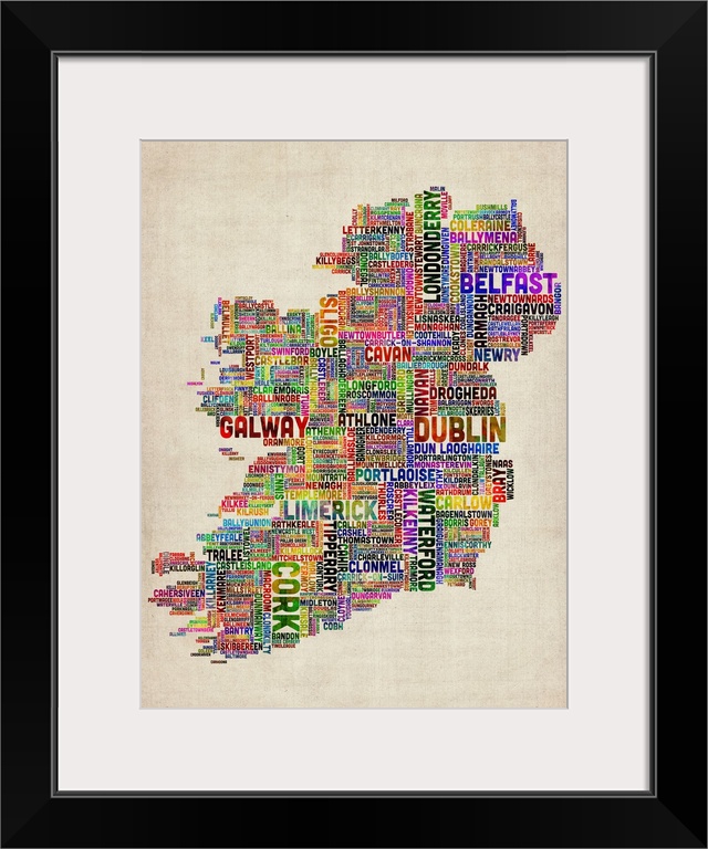 Vertical, big canvas art of Ireland, composed of city names in multiple, bright colors, on a parchment background.