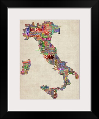 Italian Cities Text Map, Multicolor on Parchment