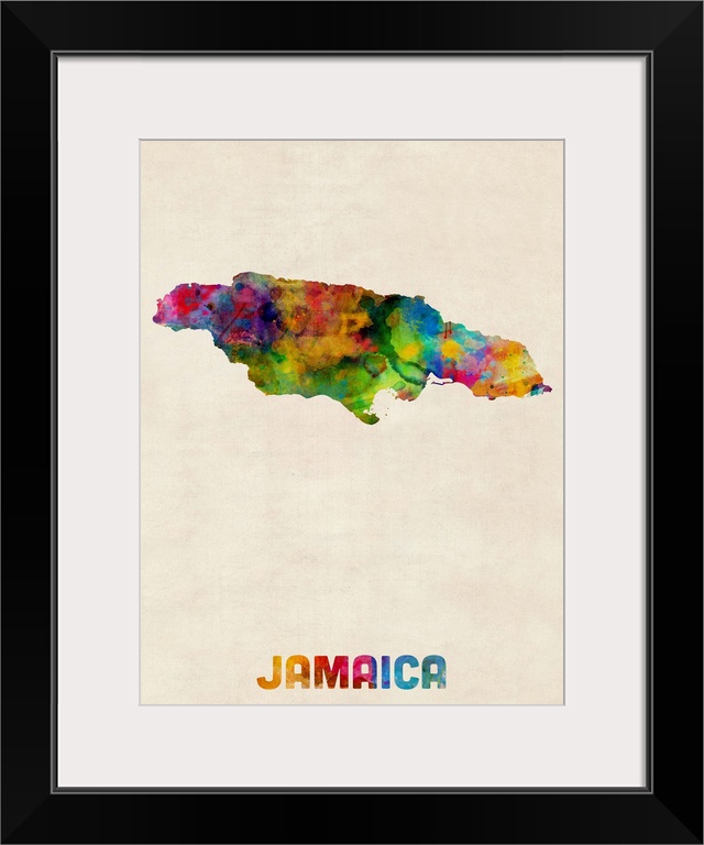 Watercolor art map of the country Jamaica against a weathered beige background.