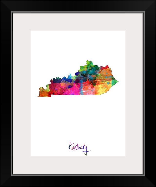 Contemporary artwork of a map of Kentucky made of colorful paint splashes.