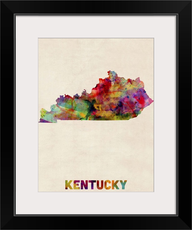 Contemporary piece of artwork of a map of Kentucky made up of watercolor splashes.