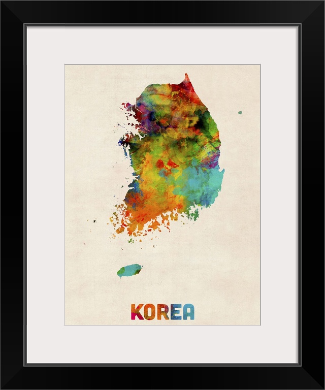 Watercolor art map of the country Korea against a weathered beige background.