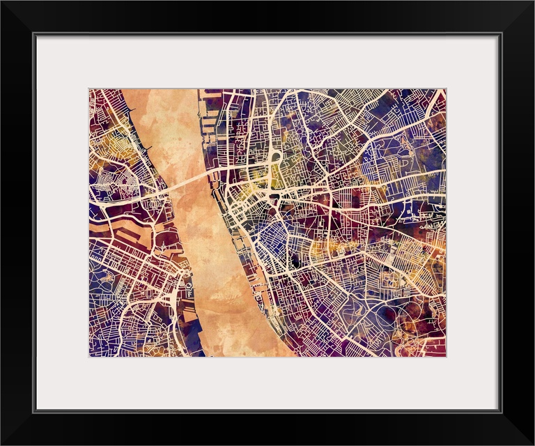 Contemporary watercolor city street map of Liverpool.