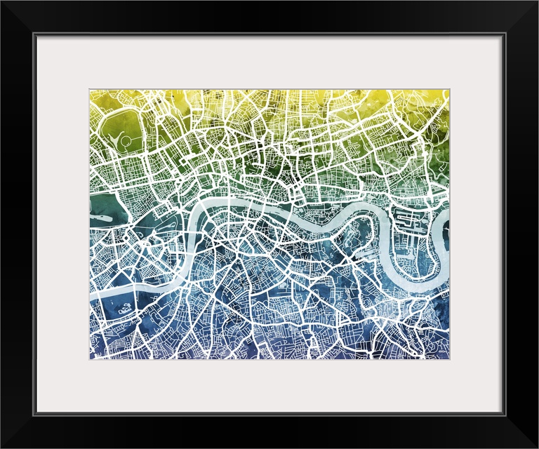 Contemporary watercolor city street map of London.