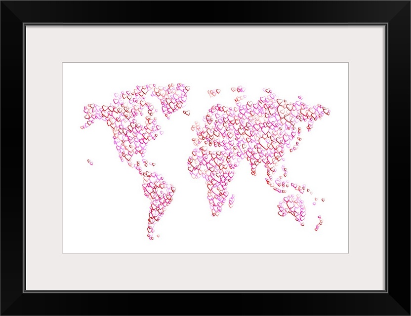 Map of the World made from overlapping pink and red semi-transparent outlined hearts, on a white background