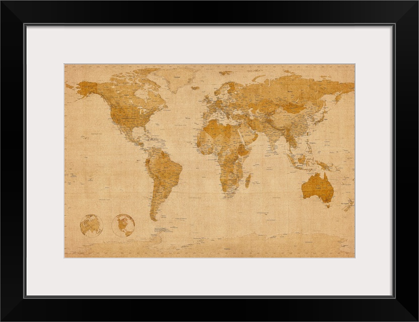 Giant map of the world set in an antique style.  This piece includes a number of cities within each country and also has c...