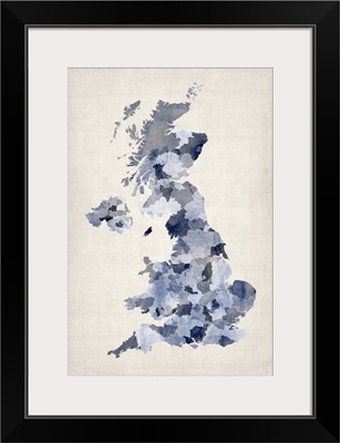 Map of United Kingdom in watercolor, blue